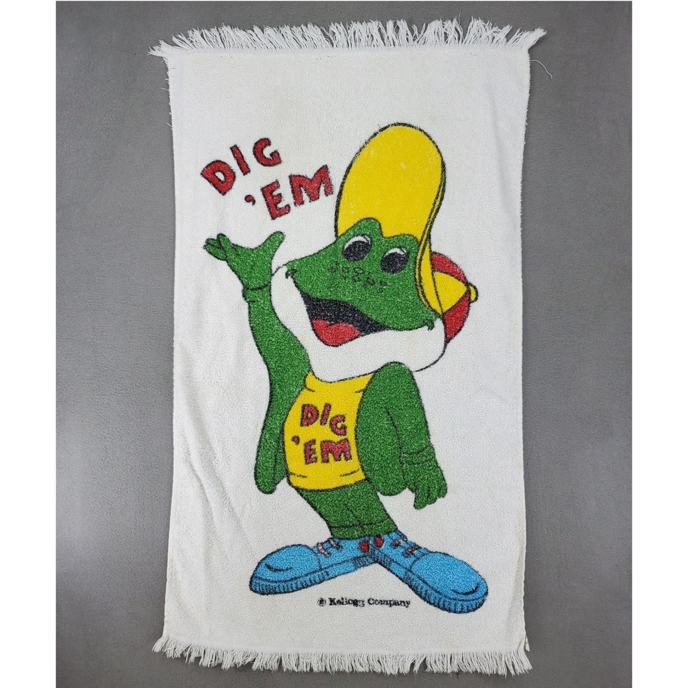 Kellogg‎ Company Dig Em Frog Beach Towel White Vintage 1980s Honey Smacks Mascot